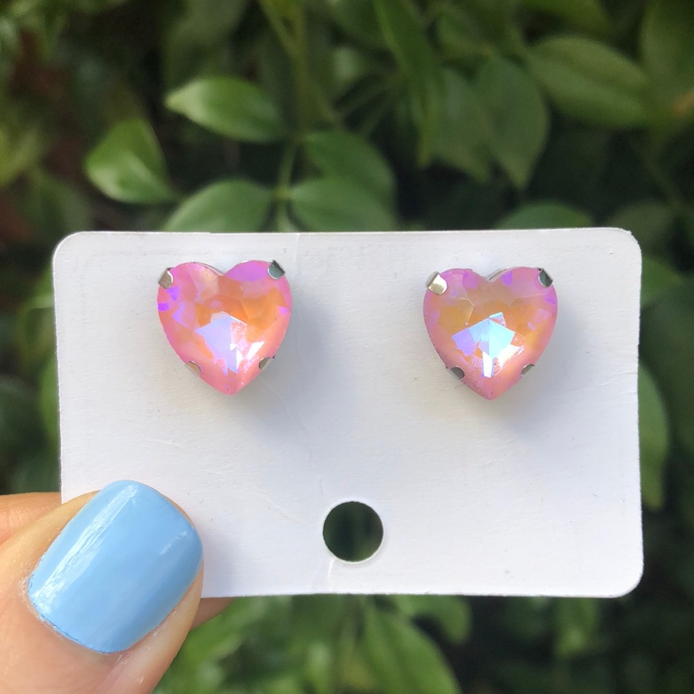 Pink AB Crystal Heart Earrings - Picture 3 of 6